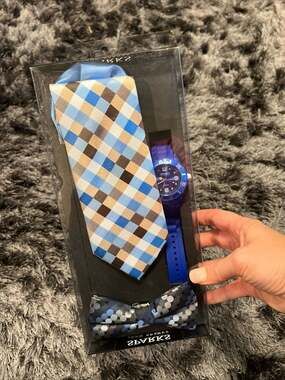John Sparks Men's Accessory Set with Plaid Necktie, Bow Tie, and Silicone Watch